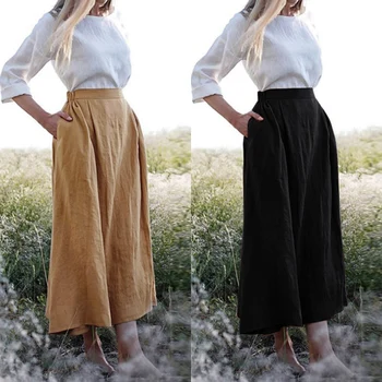 

ZANZEA 2020 Autumn Women Casual Elastic Waist Pockets Cotton Midi Skirts Female A-line Skirt Faldas Femme Office Work Solid Jupe