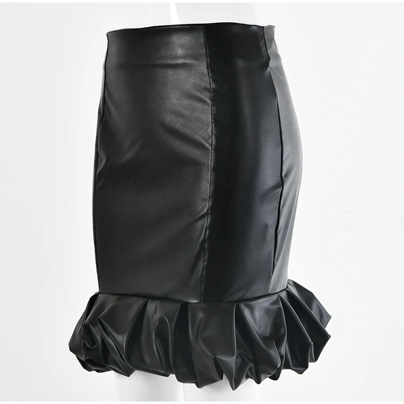 Женские черные мини-юбки из искусственной кожи с вырезом лодочкой и высокой талией, элегантные Лоскутные облегающие короткие юбки для женщин, осенние женские юбки - Цвет: Черный