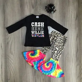

children Girls tie dye outfit girls cash outfts girl tie dye bell bottom leopard pants with bow