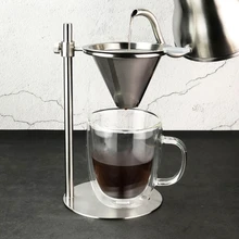 Adjustable Stainless Steel Pour Over Coffee Maker Station Stand with Double Filter Freestanding Drip Cone Brewer