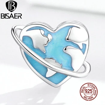 

BISAER Heart of earth Beads 925 Sterling Silver Blue Enamel protect the earth Charm Pendant Fit Bracelet Necklace Jewelry EFC298