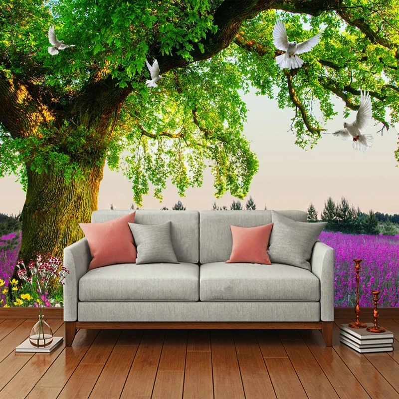 

Drop Shipping Custom Mural Papel De Parede Green Tree Lavender 3D Photo Wall Paper For TV Background Wallpapers Home Decor