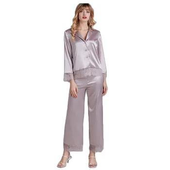 

silk pijamas woman Fashion Silk Womens Solid Color Satin Button-Down Sexy V-neck Pajamas Set Bride Sleepwear satynowa pizama