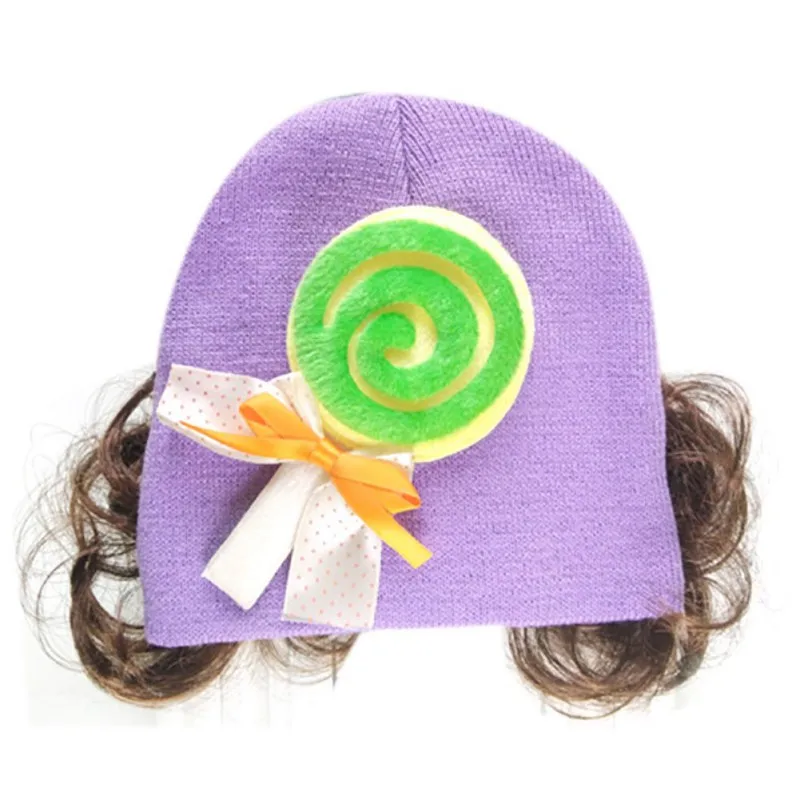 Милая детская шапка для младенцев, теплая вязаная шляпа, кепки для девочек, вязаная шляпа с бантом из мультфильма для девочек, поддельные волосы для париков шапок, детские головные уборы