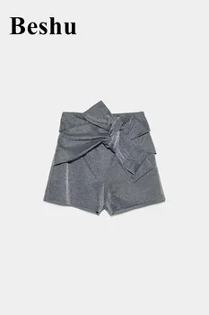 

za 2019 Tops Sexy Women New Fashion Summer Silver Solid Color A-line Hot Feminine Bow Sequins High Waist Knitting Shorts