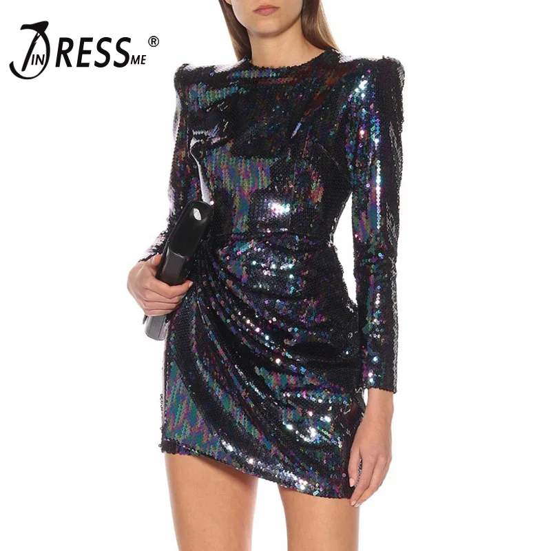INDRESSME 2019 Новые Зимние Модные женские сексуальные платья с блестками длинным
