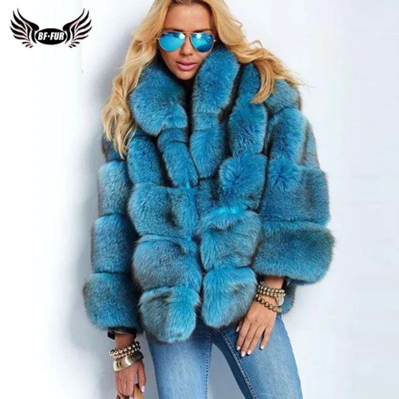 2020 Winter Real Blue Fox Fur Jacket For Women With Stand Collar Genuine Leather Pelt Fox Fur Coat Thick Warm Overcoat Woman