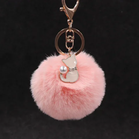 Fur Pompom Keychain Artificial Rabbit Fur Pompom Keychain Kitten Pendant Key Ring Fluffy Handbag Women Keychain Key Ring