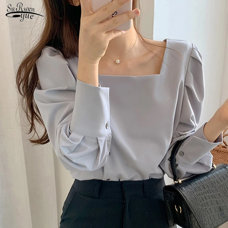 2020 Square Collar Lantern Sleeves Solid Blouse Women Casual Button Loose Office Lady Women Shirts Blusas Mujer De Moda 8746 50 2020 Square Collar Lantern Sleeves Solid Blouse Women Casual Button Loose Office Lady Women Shirts Blusas Mujer De Moda 8746 50