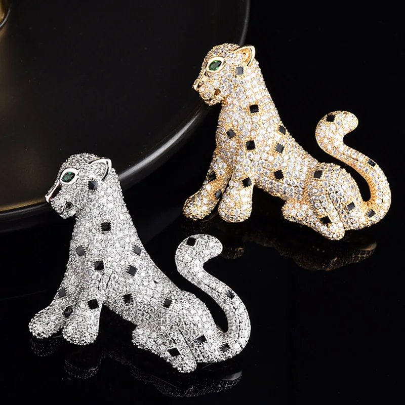 Zlxgirl men jewelry Brand jet enamel pave cubic zircon leopard animal men brooches jewelry copper scarf Corsage Pins men jewelry