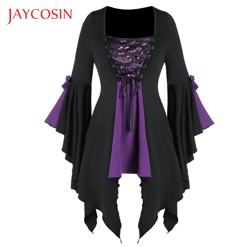 JAYCOSIN Women Plus Size Long Sleeve Tops Sequined shirts lace Up Gothic Tunic Tee Fashion Dress Lace Black Witch Top Mujer | Женская