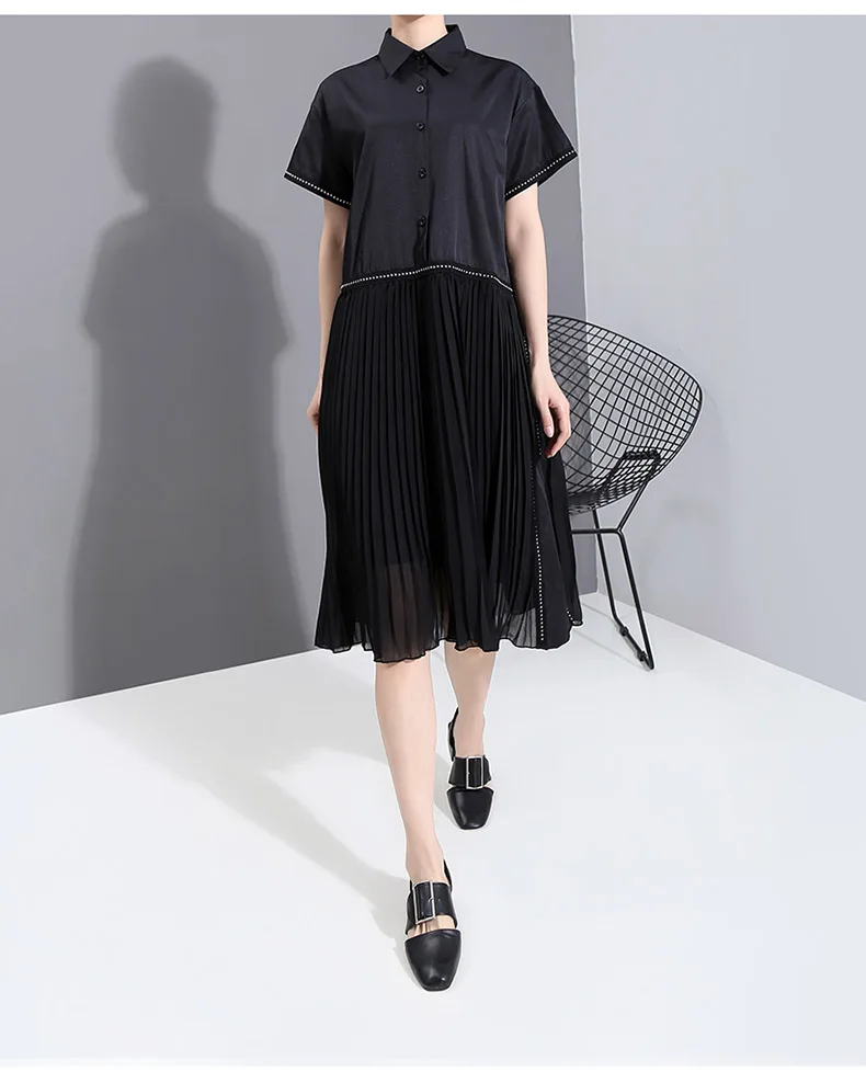 New Fashion Black Pleated Chiffon Hem Lapel Shirt Dress