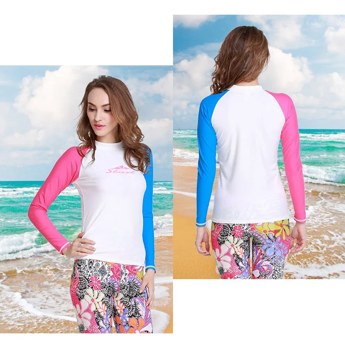 white blue Sbart, летние женские топы для серфинга, для водных видов спорта, футболки с длинным рукавом, одежда для купания, для пляжа, дайвинга, Рашгард, защита от солнца, китесурф, костюм, mujer - Цвет: white blue