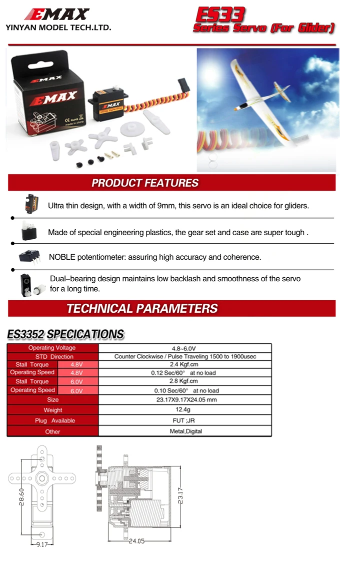

Hot 4pcs/lot Emax ES3301 ES3351 ES3302 ES3352 9mm 4.8-6V Analog / Digital Servo Metal Gear For RC Glider Rc Airplane Rc Drone