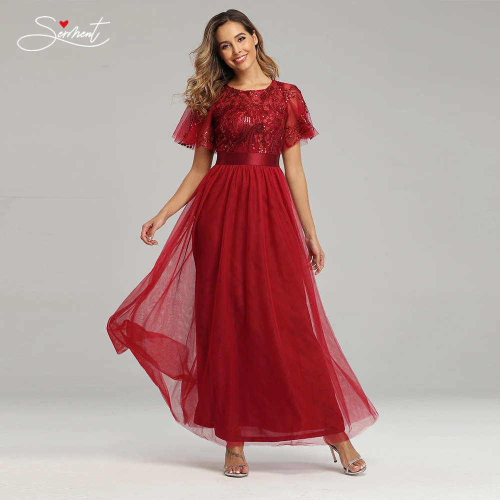 

OllyMurs Spring Summer Short-sleeved Crew Neck Evening Dress with Sequins Women Dress Evening Party Long Lace Dress
