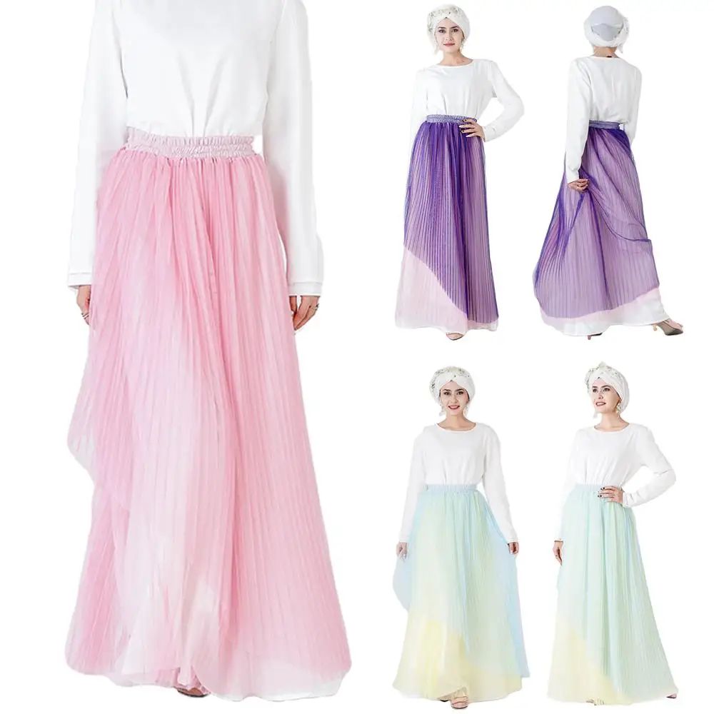 Fashion Mesh Pleated Long Maxi Skirt Women Muslim Elastic High Waist Skirts Arab Double-deck Lace Islamic Clothing | Тематическая