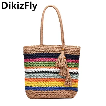 

DikizFly 2020 Colored Straw Shoulder Bags Women Handbags Summer Beach Bag Large Woven Bags Purse Big Women Bag Shopping Sac Main