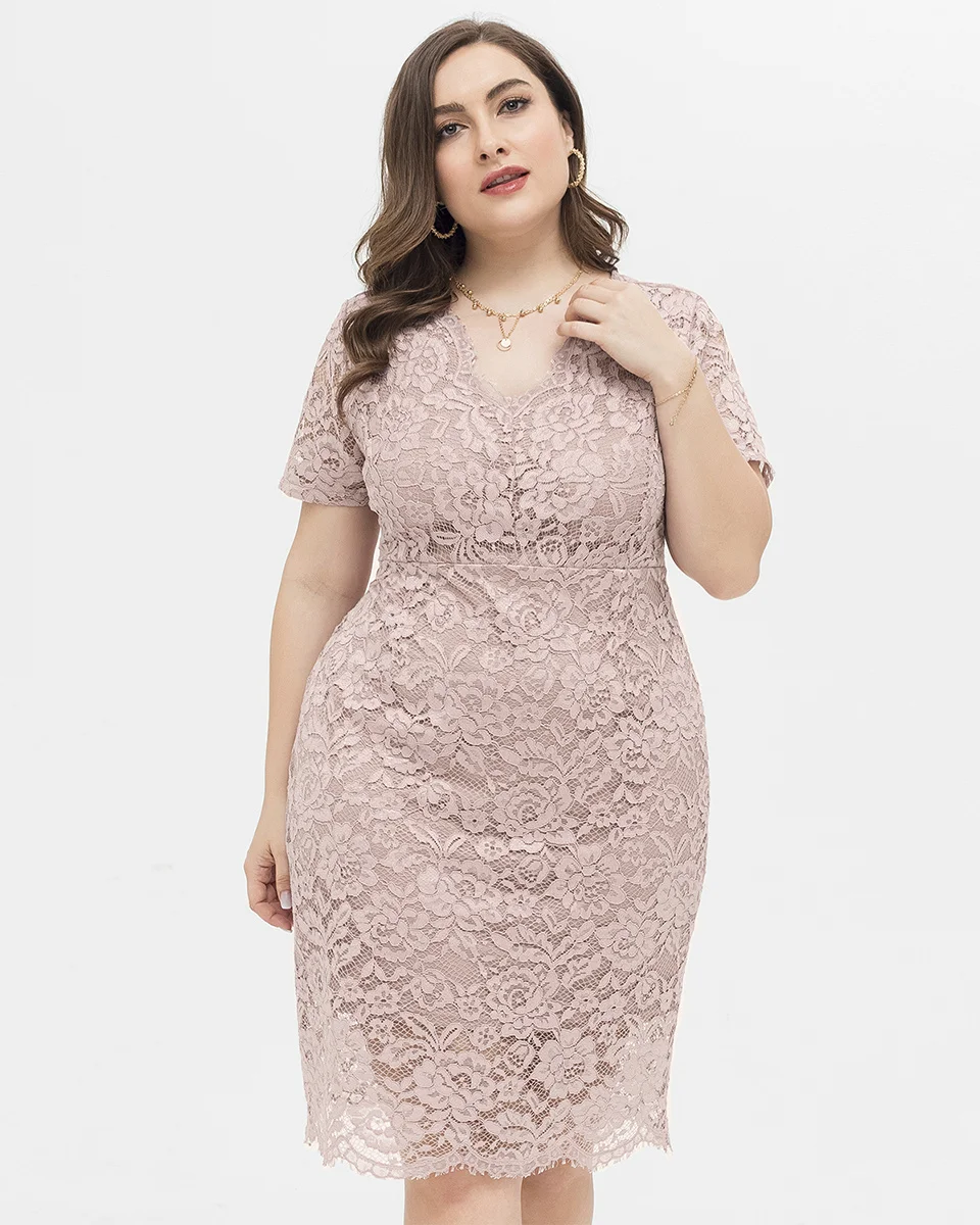 Plus Size Lace Dress Women Elegant Pencil Midi Dress With V Neck Big Size Casual Pink Dresses Short Sleeve Summer Dress XL-XXXXL