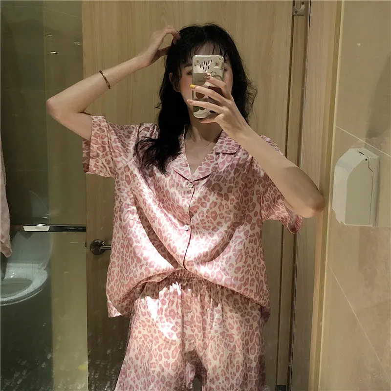 

Gagarich Women Two Piece Set Spring Casual Homewear 2020 New Style Japanese Style Cute Pink Color Leopord Pattern Pajamas