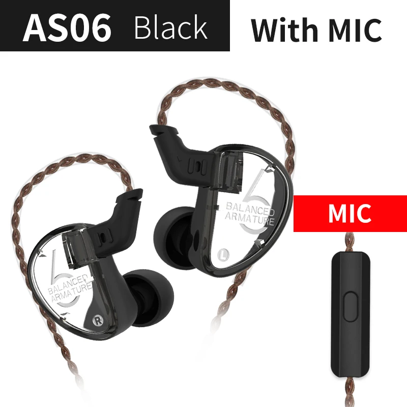 Black Mic KZ AS06+ 3BA сбалансированная арматура драйвер HIFI бас в ухо монитор спортивная Гарнитура шумоподавления наушники ZSNPRO ZS10PRO AS10 ZST - Цвет: Black Mic