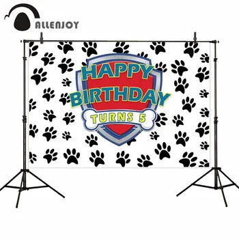 

Allenjoy 5th Birthday Photocall Dog Paw Black Footprints Bone Shield Backdrops Cloth Baby Shower Celebrate Party Banners Curtain
