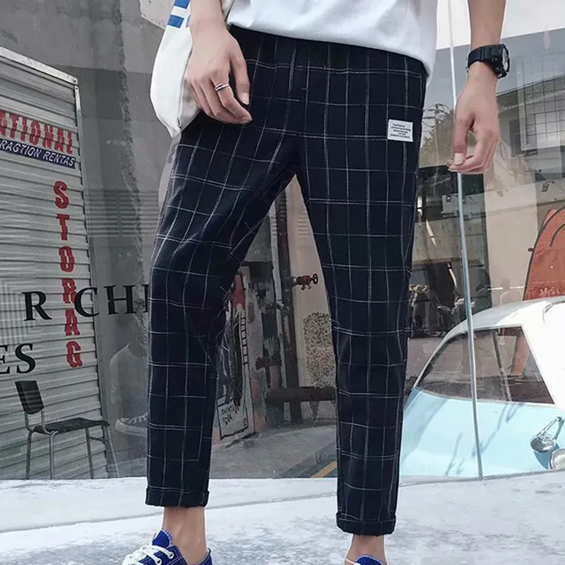dark blue Летние новые свободные повседневные клетчатые брюки с рисунком в консервативном британском стиле до середины талии на шнурке шаровары для мужчин - Цвет: dark blue