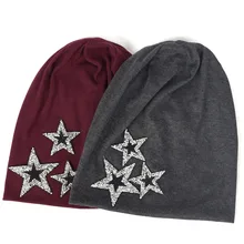 Women Winter Slouchy Fashion Skullies Beanies Star Rhinestones Cotton Hats For Ladies Female Fashion Baggy Solid Color Caps