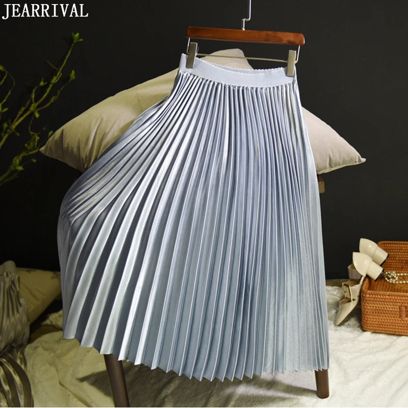 Винтажные плиссированные юбки, Женская длинная юбка с высокой талией, весна, металлический цвет, бальное платье, вечерние, повседневные, макси юбки, Saia Faldas