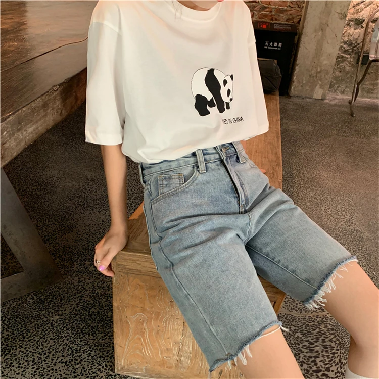Pengpious summer new loose denim shorts frayed hem high waist for school girls sweet short jeans