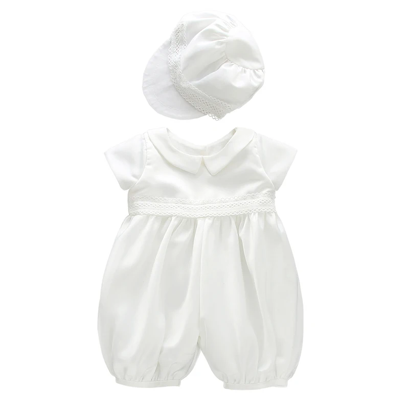 

Baby Boy Baptism Suits with Hat White Satin Baptismal Set Children First Birthday Clothes Formal Christening Outfits For Boys