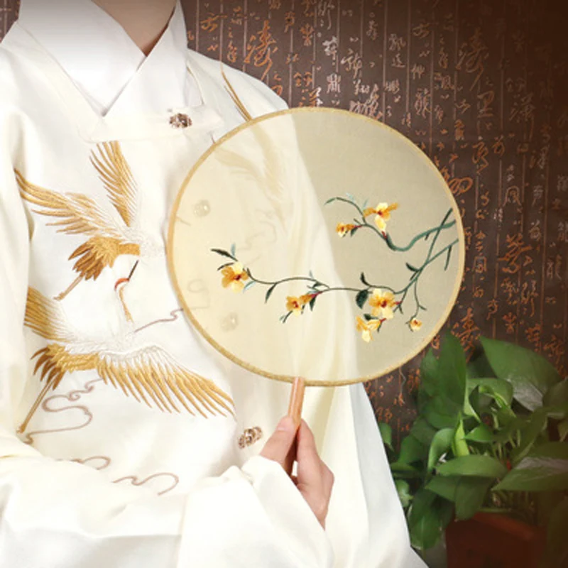 Circular Embroidery Round Fan, Antique Style, Hanfu Cheongsam, Ancient Costume, Female Dance Fan with Classical Long Handle