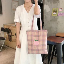 Модная прочная Женская Студенческая Холщовая Сумка через плечо, милая клетчатая многоразовая сумка для покупок, Повседневная Сумка-тоут для девочек, женская сумка