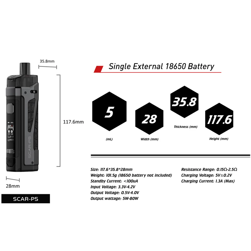 Электронная сигарета SMOK SCAR P5 Pod с одной батареей 18650 и емкостью 5 мл|Системы