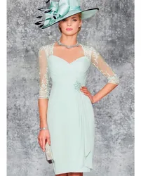 2022 Mint Green Mother of the Bride Dress See Through V Neck Knee Length Chiffon Lace Guest Formal Party Gowns Vestidos