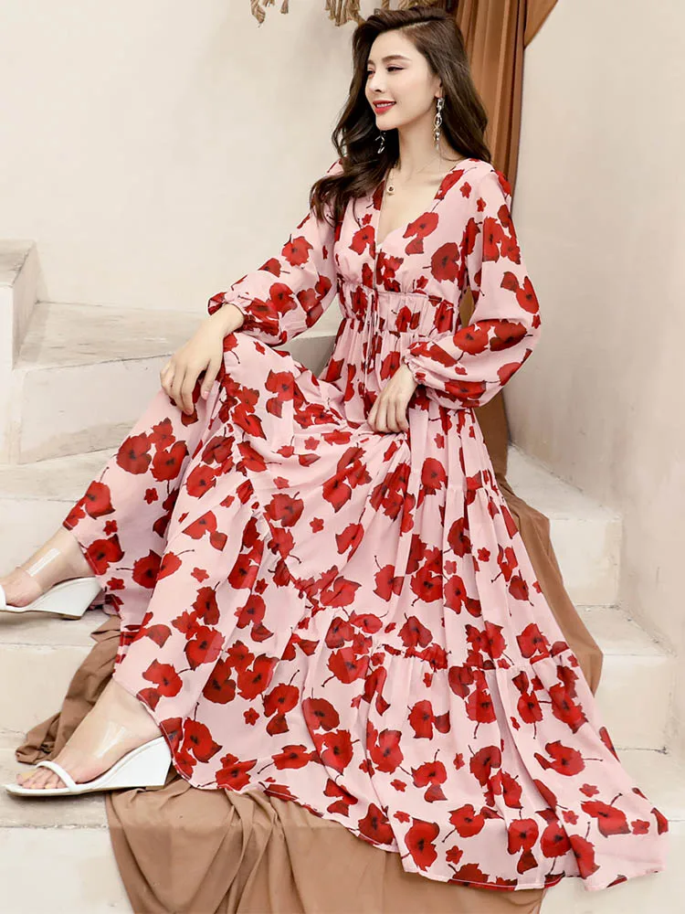 Многоцветный Delocah Women Autumn Dress Runway Fashion Sexy Deep V-neck Floral Print Back Zipper High Waist Elegant Casual Holiday Long Dress - Цвет: Многоцветный