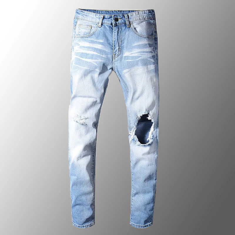 

Men's Light Blue Holes Ripped Stretch Slim Skinny Distressed Denim Pants Long Trousers High Quality Male Jeans