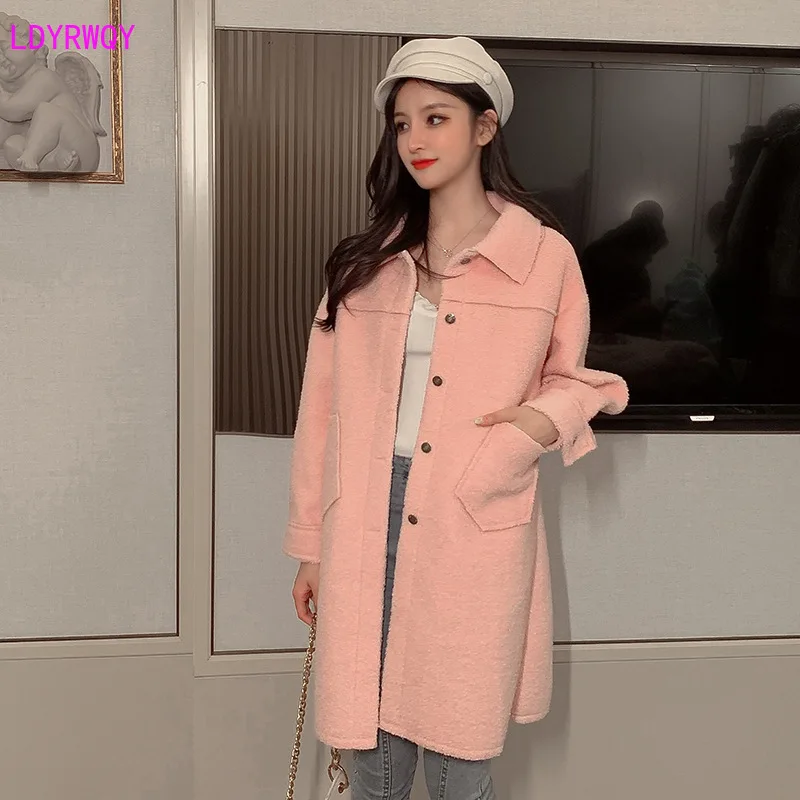 

2019 autumn and winter new Korean women's fashion lamb plush lapel long sleeve single-breasted stitching pocket long coat