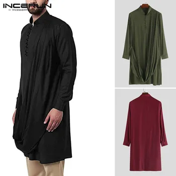 

2020 Men Solid Color Irregular Shirt Indian Tops Men Stand Collar Vintage Long Sleeve Button Muslim Casual Long Shirts Kurta 5XL