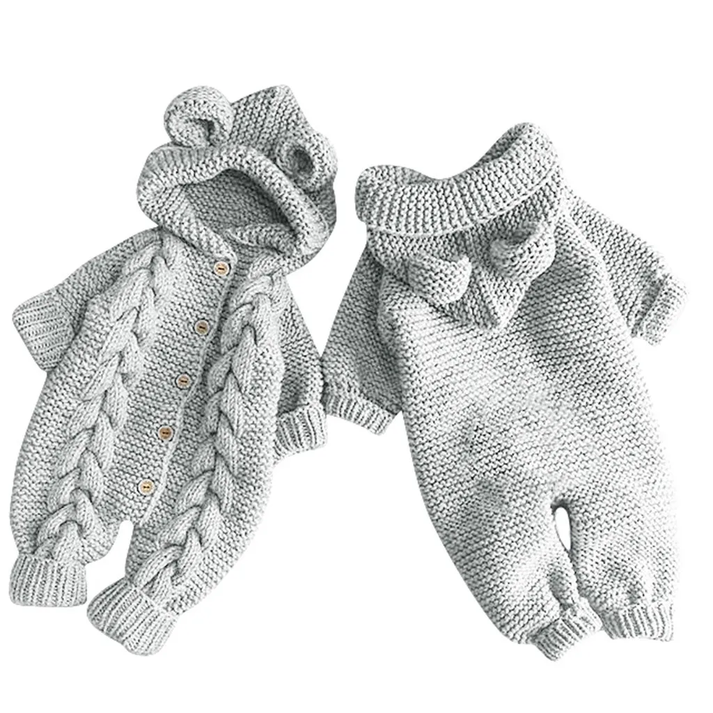 Зимнее теплое пальто для новорожденных девочек и мальчиков; вязаная верхняя одежда; комбинезон с капюшоном; Осенний комбинезон с длинными рукавами для малышей