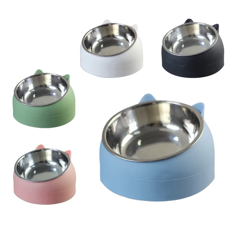 Cat Dog Bowl 15 Degrees Tilted Stainless Steel Non-slip Base Crashworthiness Cat Bowl Safeguard Neck Puppy Cats Feeder Pet Bowls