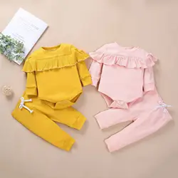 Ensemble deux pièces pour bébé, pantalon à manches longues, motif feuille de lotus, couleur unie 