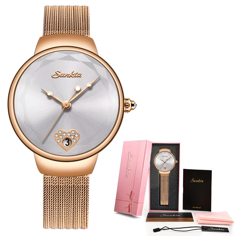 SUNKTA Топ бренд класса люкс водонепроницаемые женские часы; мода и простота керамические кварцевые часы Женское платье часы Relogio Feminino+ коробка - Цвет: Rose gold white