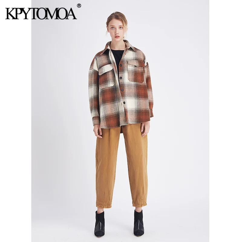 price cut Vintage Stylish Pockets Oversized Plaid Jacket Coat Women 2020 Fashion Lapel Collar Long Sleeve Loo