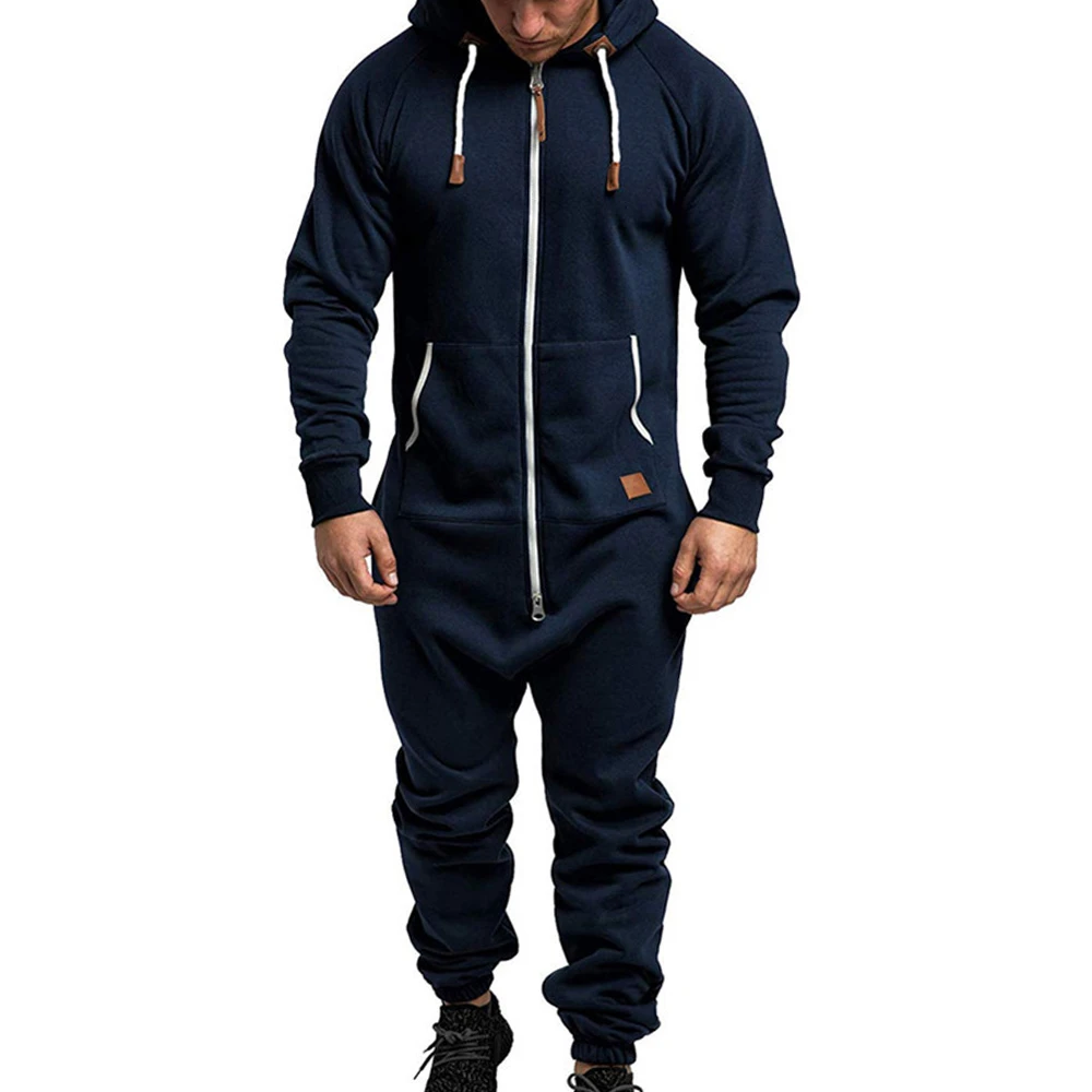 Onesie Men Jumpsuit Sleeping Clothes Zipped Up Men One Pieces Hooded Jum Psuit Solid Long Sleeve Winter Warm Adult Onesie cheap pajama pants