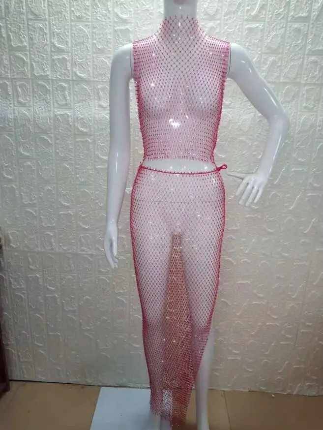 Сексуальное Сетчатое блестящее Сетчатое платье с бриллиантами, женские праздничные вечерние платья, роскошные летние пляжные платья, Новинка - Цвет: rose Red O-neck
