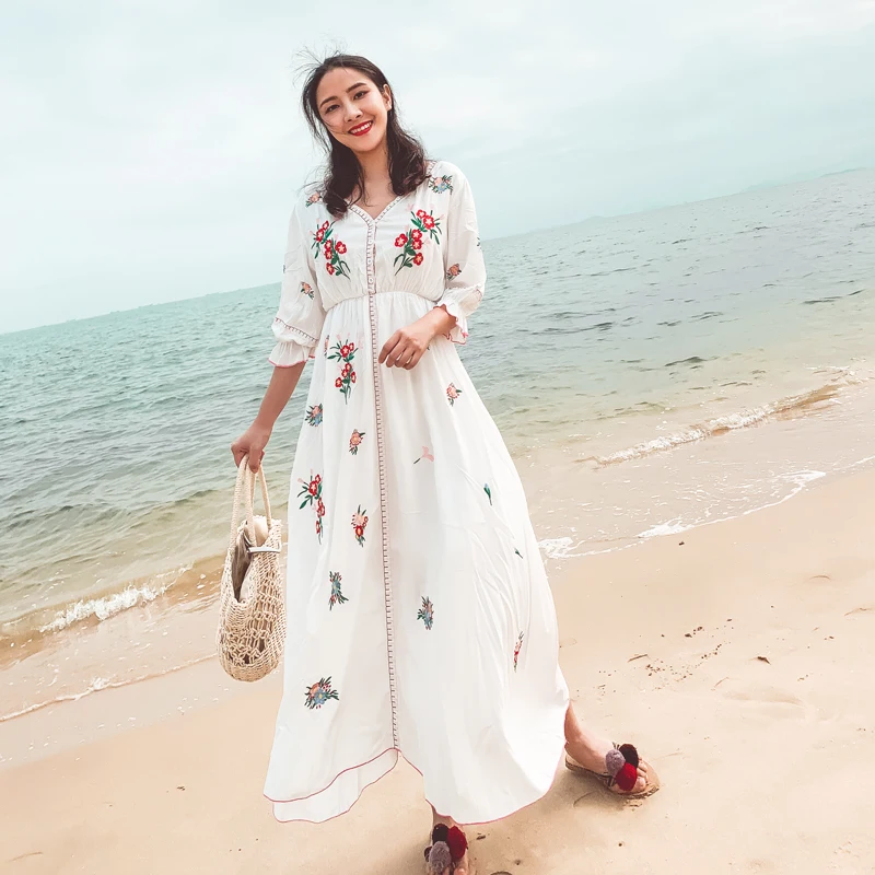 Винтажное шикарное женское Ретро пляжное богемное Хлопковое платье макси с цветочной вышивкой и кисточками, женское летнее платье с v-образным вырезом в стиле бохо vestidos