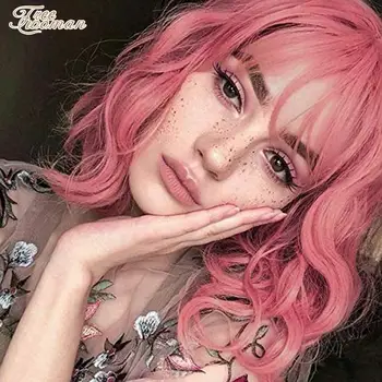 

FREEWOMAN Pink Bob Wig Lolita Short Synthetic Wig With Bangs Natural Water Wave Wigs For Women Cosplay Wig American Style