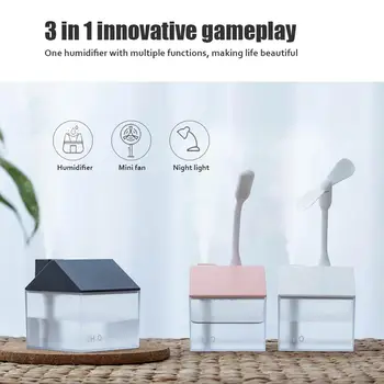

3 In 1 Intelligent USB Small Fan Humidifier With Mini Colorful Night Light Portable Small House Shape Mute Cool Mist Humidifier
