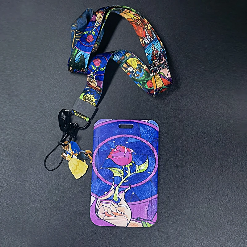1 Set Disney Beauty and the Beast Card Cases Card Lanyard Key Lanyard
