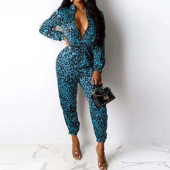 

Leopard Printing Jumpsuit For Womens Sexy Zipper Long-sleeve V-Neck Elastic Waist Jumpsuit overalls Rompers Combinaison 2020 Hot